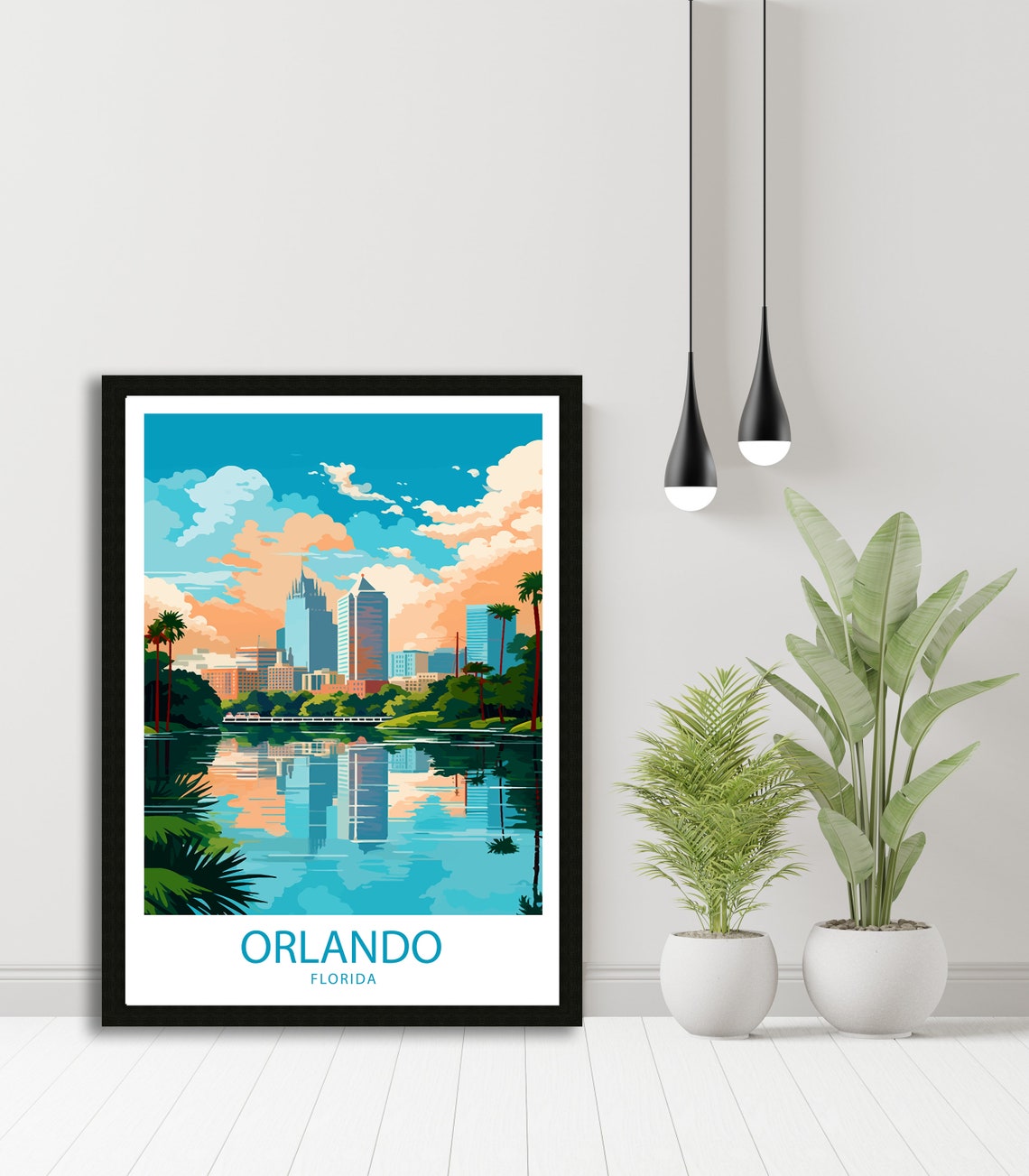 Orlando Florida Sunset Skyline Palm Lake Reflection Travel Poster - Image 4