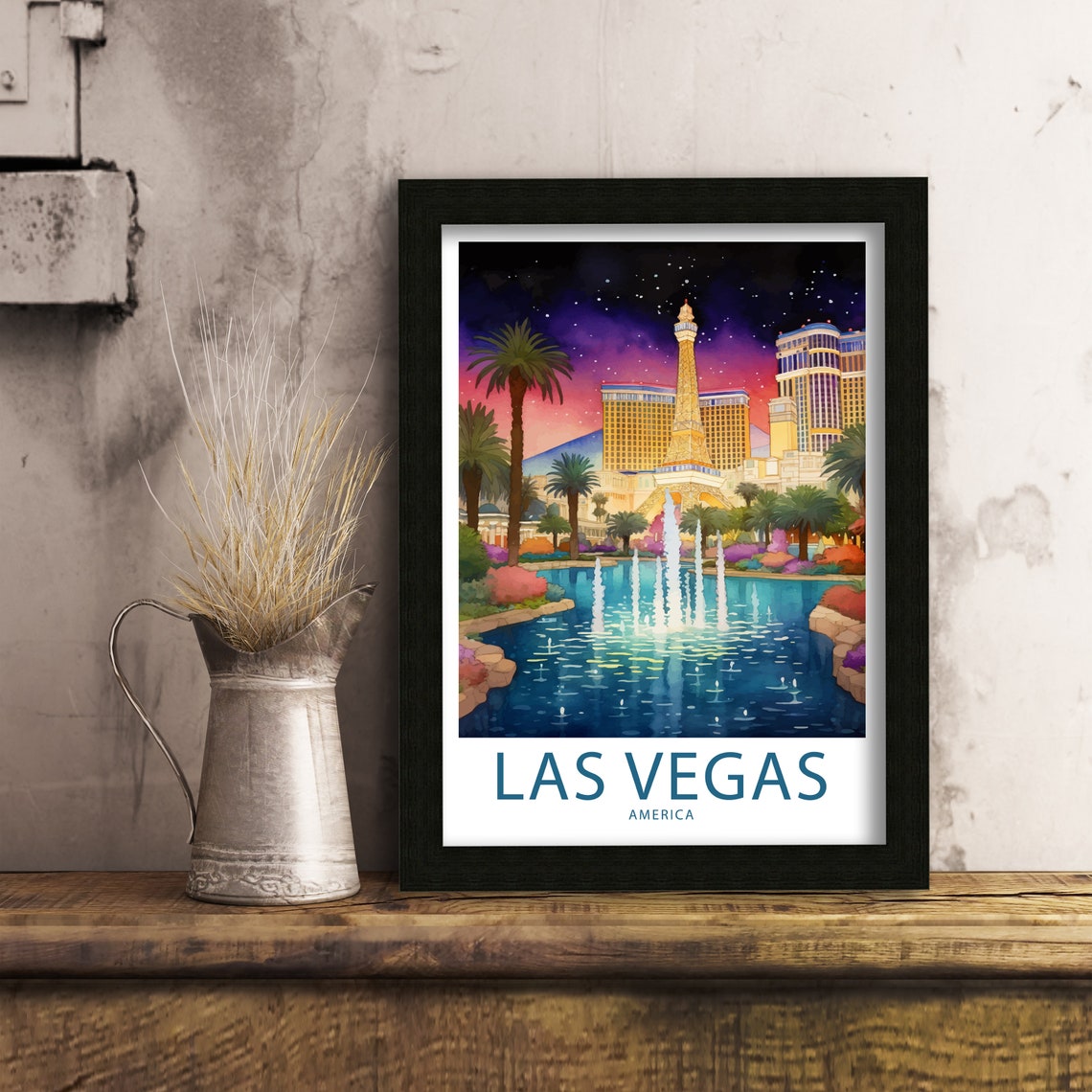 Las Vegas America Eiffel Tower Replica Fountain Lake Night Poster - Image 6