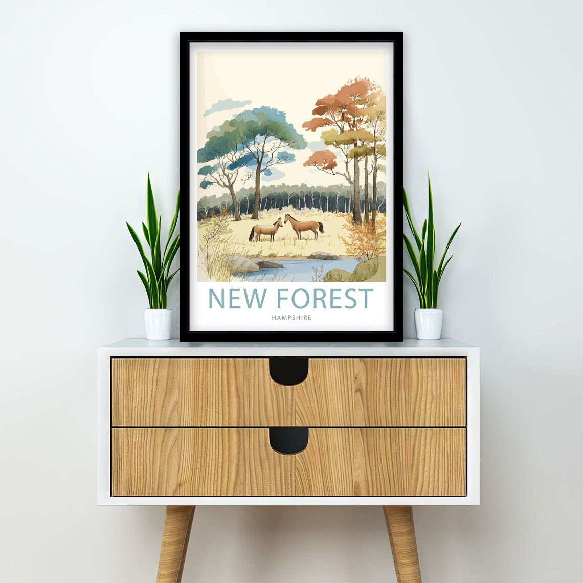 New Forest Hampshire Autumn Ponies By The Stream Watercolor Poster - Image 2
