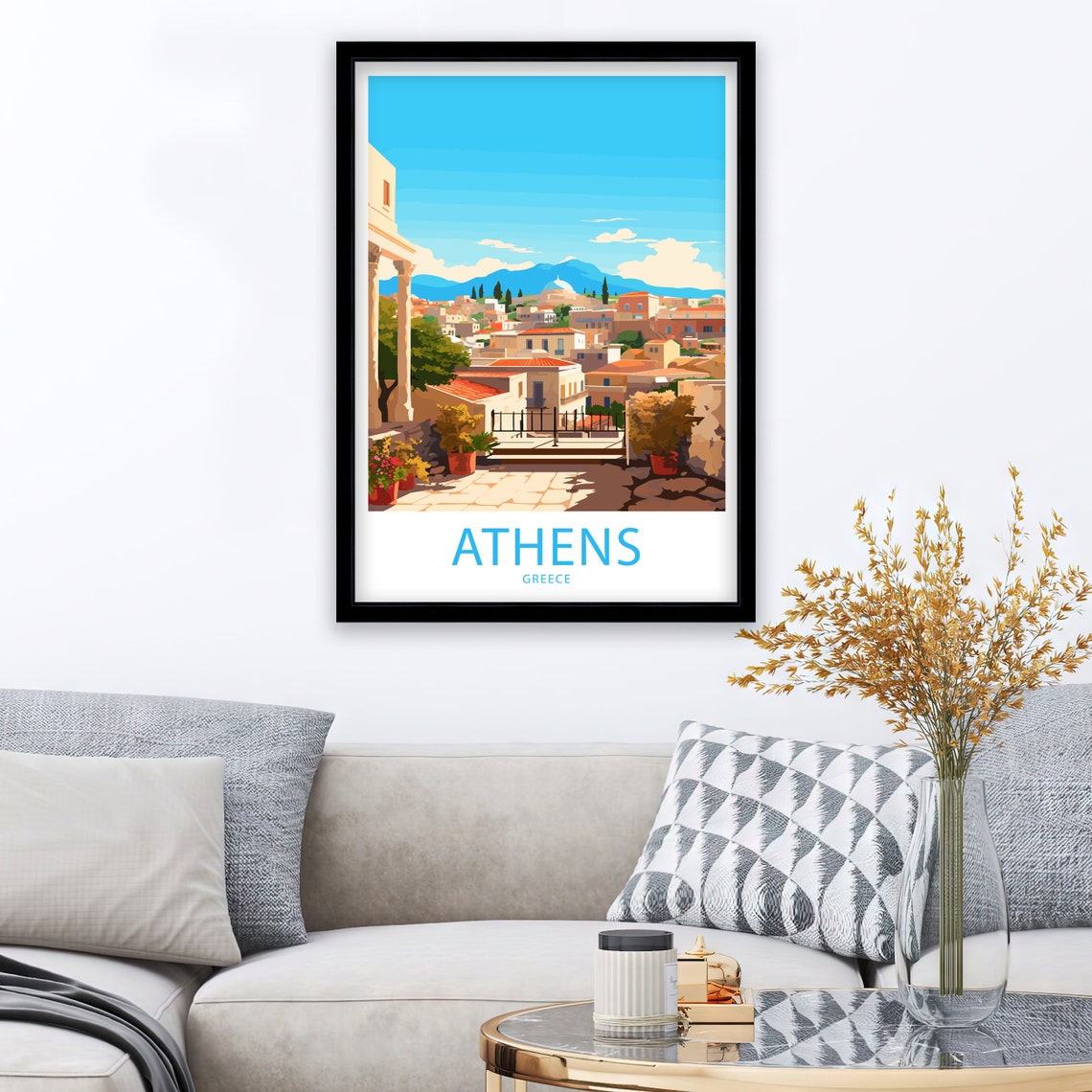Athens Greece Column Terrace Panoramic City View Retro Art Poster - Image 3