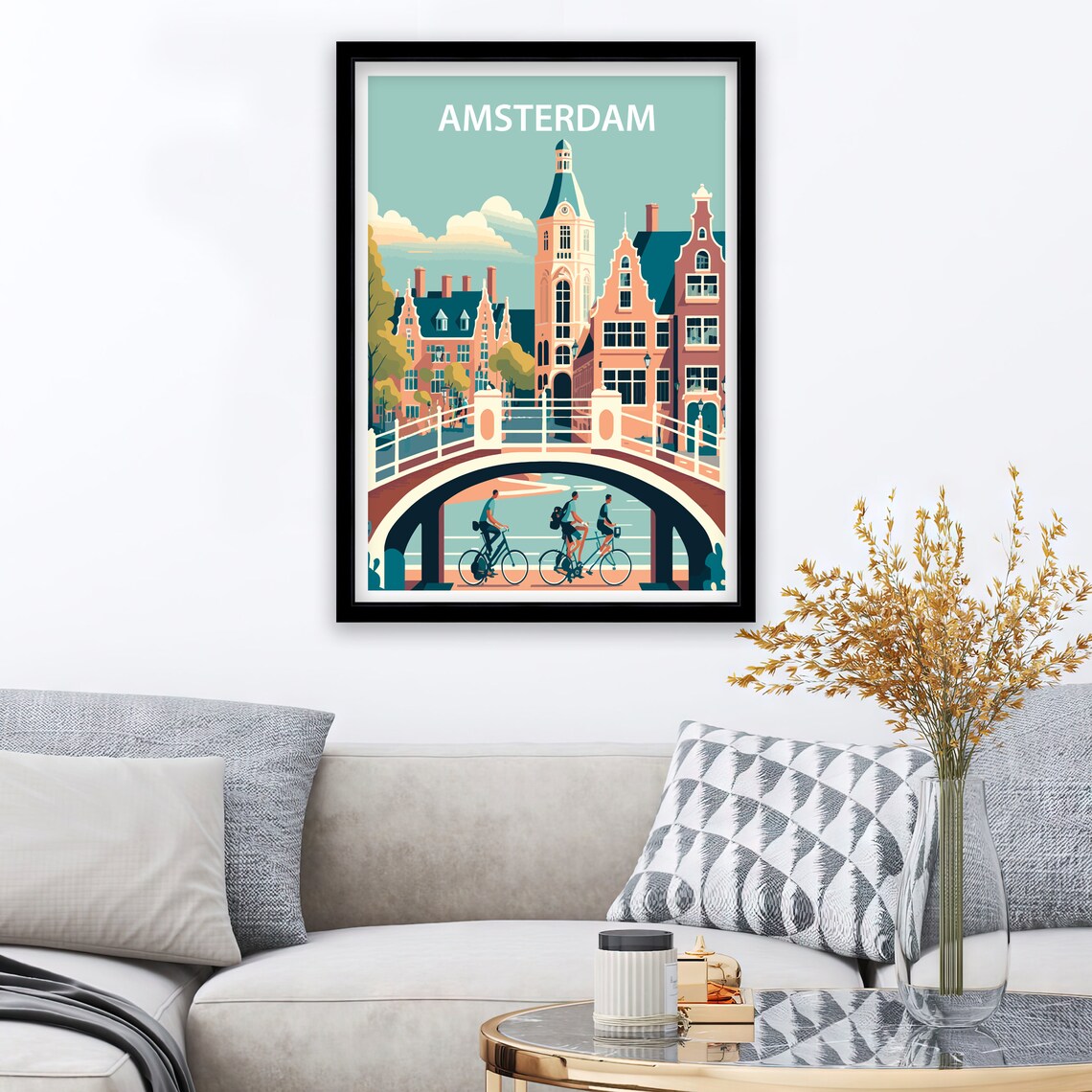Amsterdam Canal Bridge Cyclists Church Tower Pastel Travel Poster - Image 2