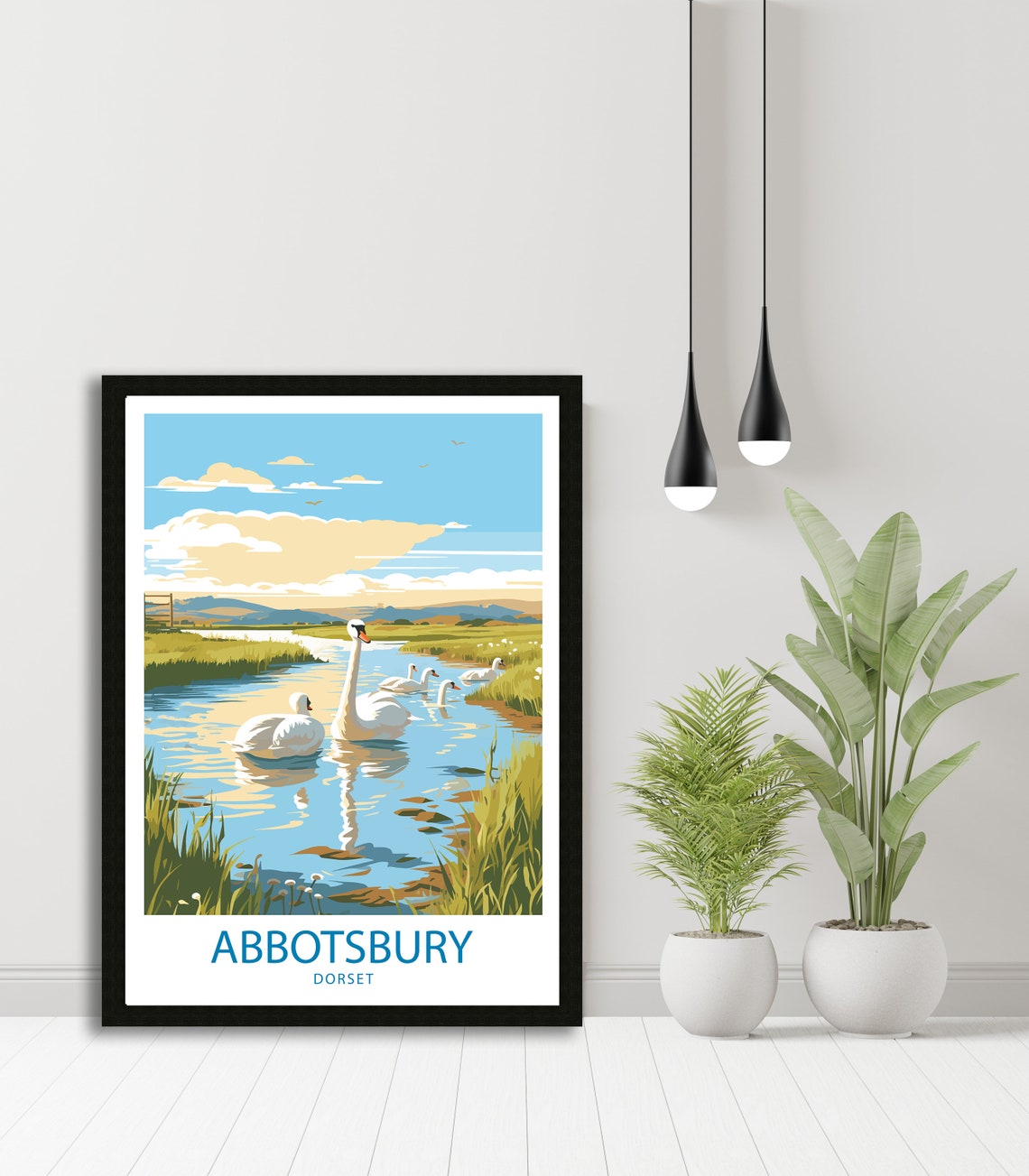 Abbotsbury Dorset Swans River Countryside Illustrated Travel Poster - Image 4