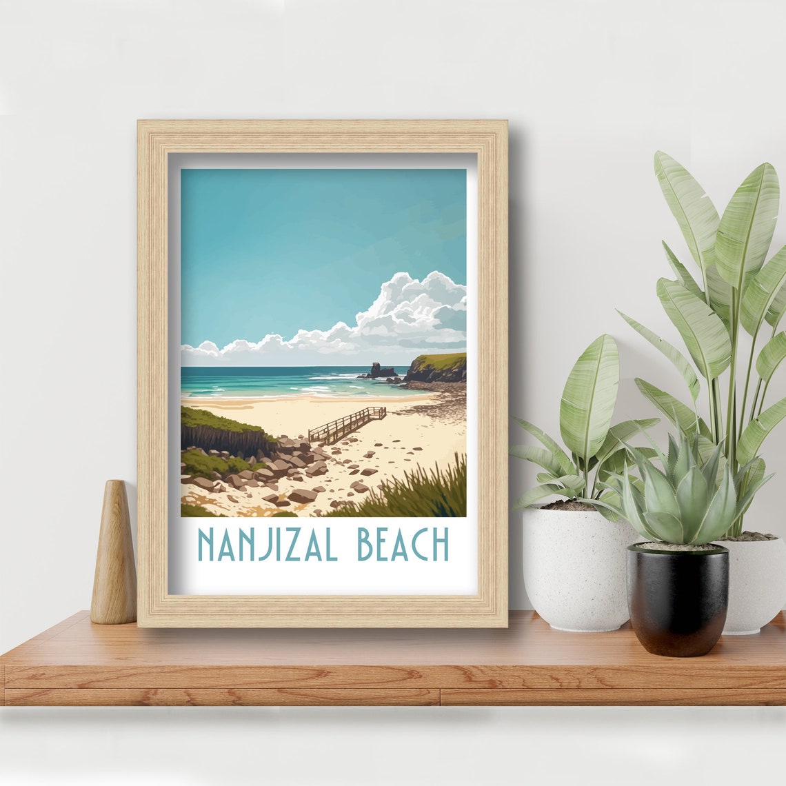 Nanjizal Beach Cornwall Sandy Shore Footbridge Rocks Retro Art Poster - Image 6