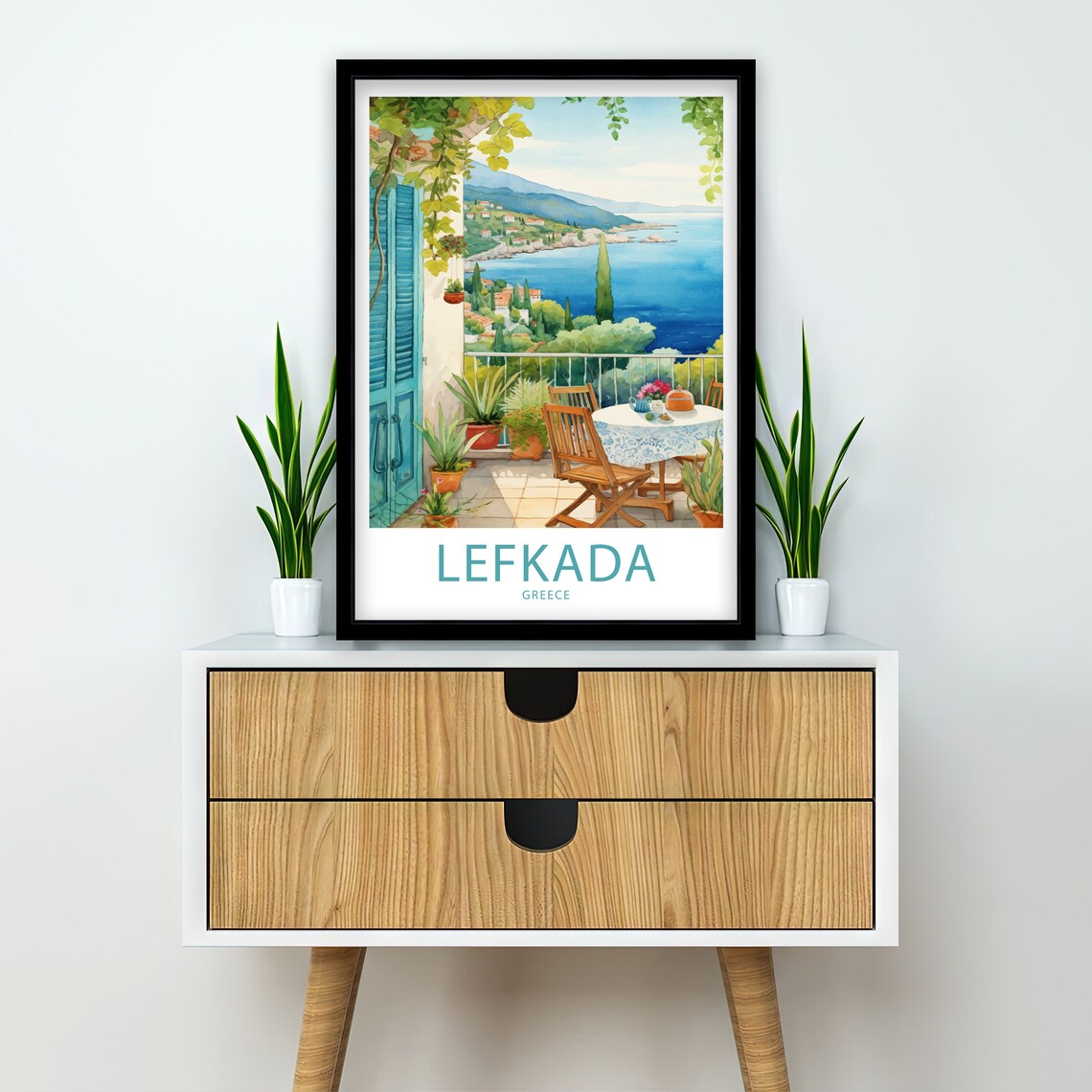 Lefkada Greece Sunny Terrace Sea View Watercolor Travel Poster - Image 2