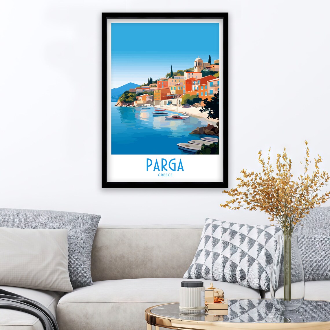 Parga Greece Hillside Harbor Town Boats Blue Bay Travel Art Poster - Image 2