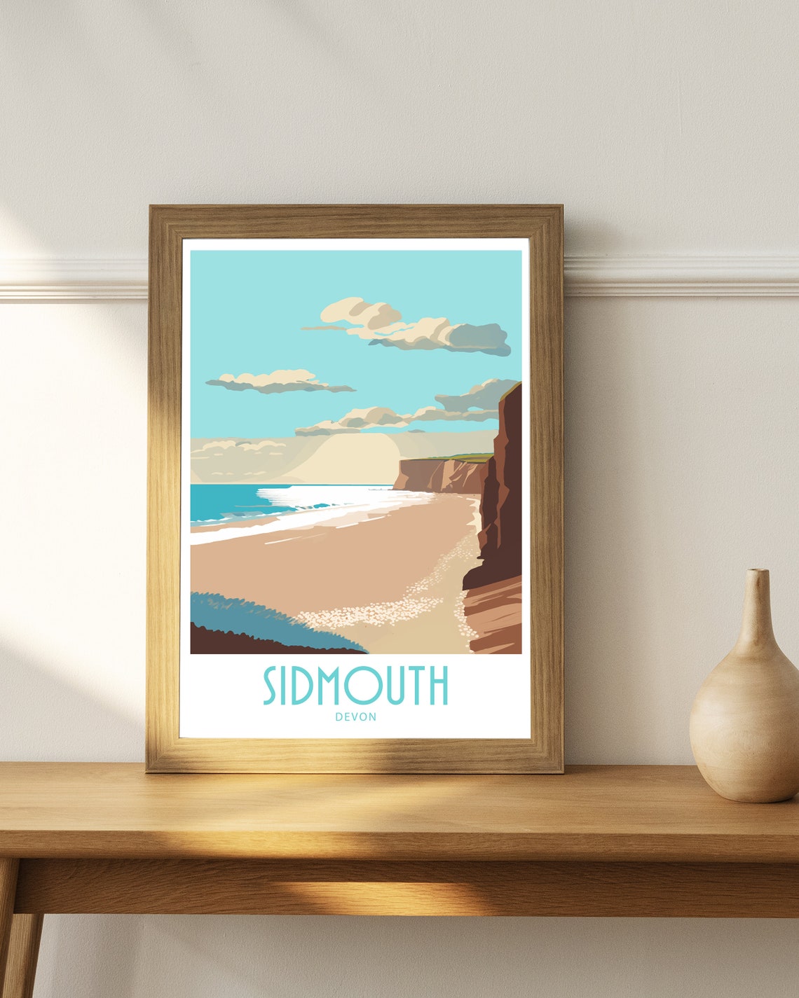Sidmouth Devon Red Cliffs Golden Beach Sunset Retro Travel Poster - Image 4