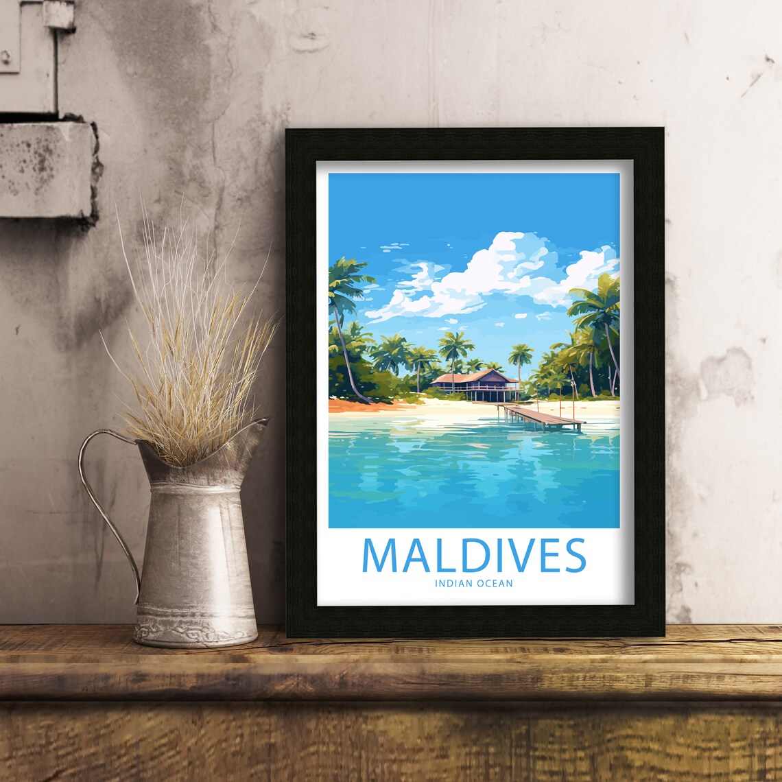 Maldives Indian Ocean Beach House Wooden Jetty Turquoise Water Poster - Image 2