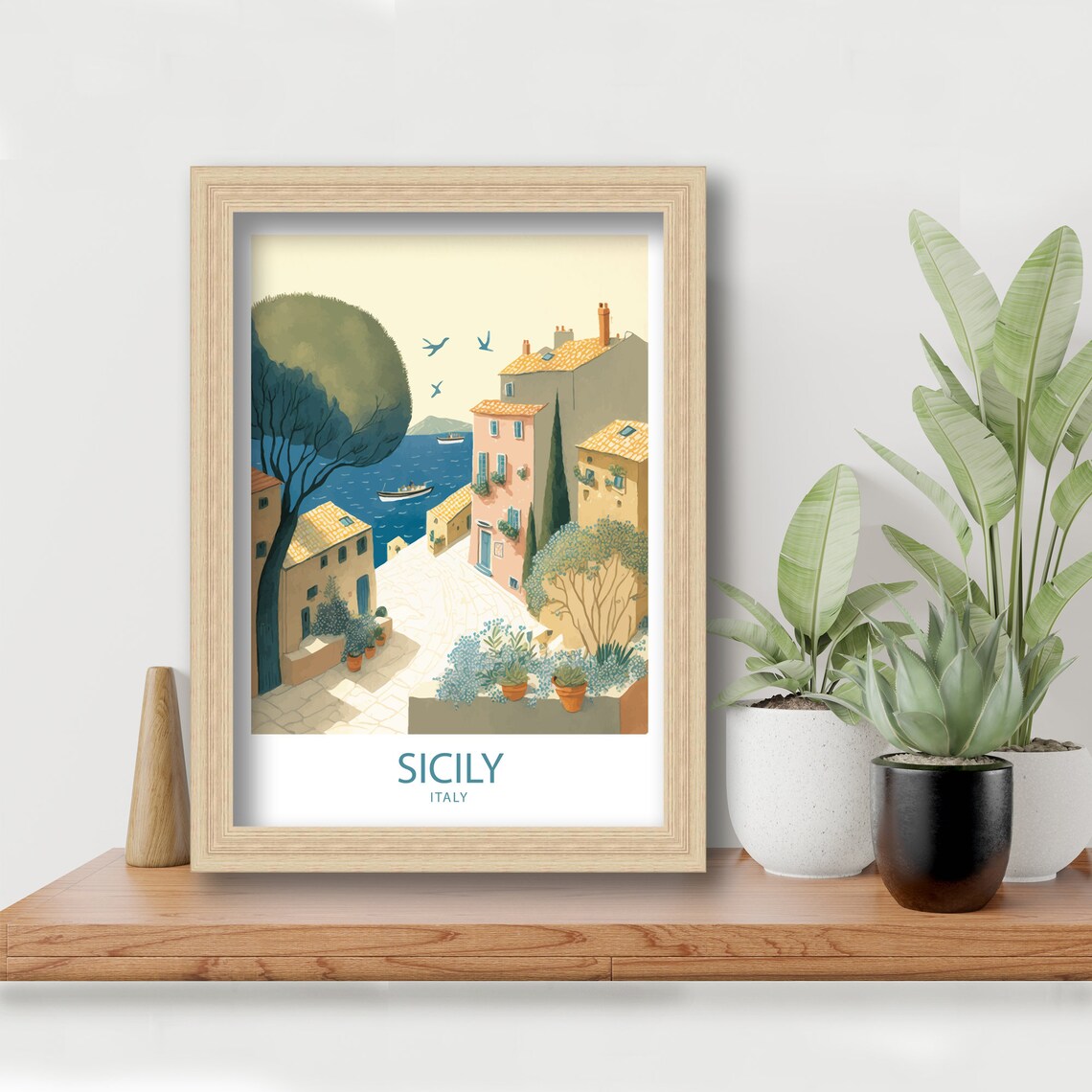 Sicily Italy Sunlit Village Square Sea View Vintage Travel Poster - Image 5