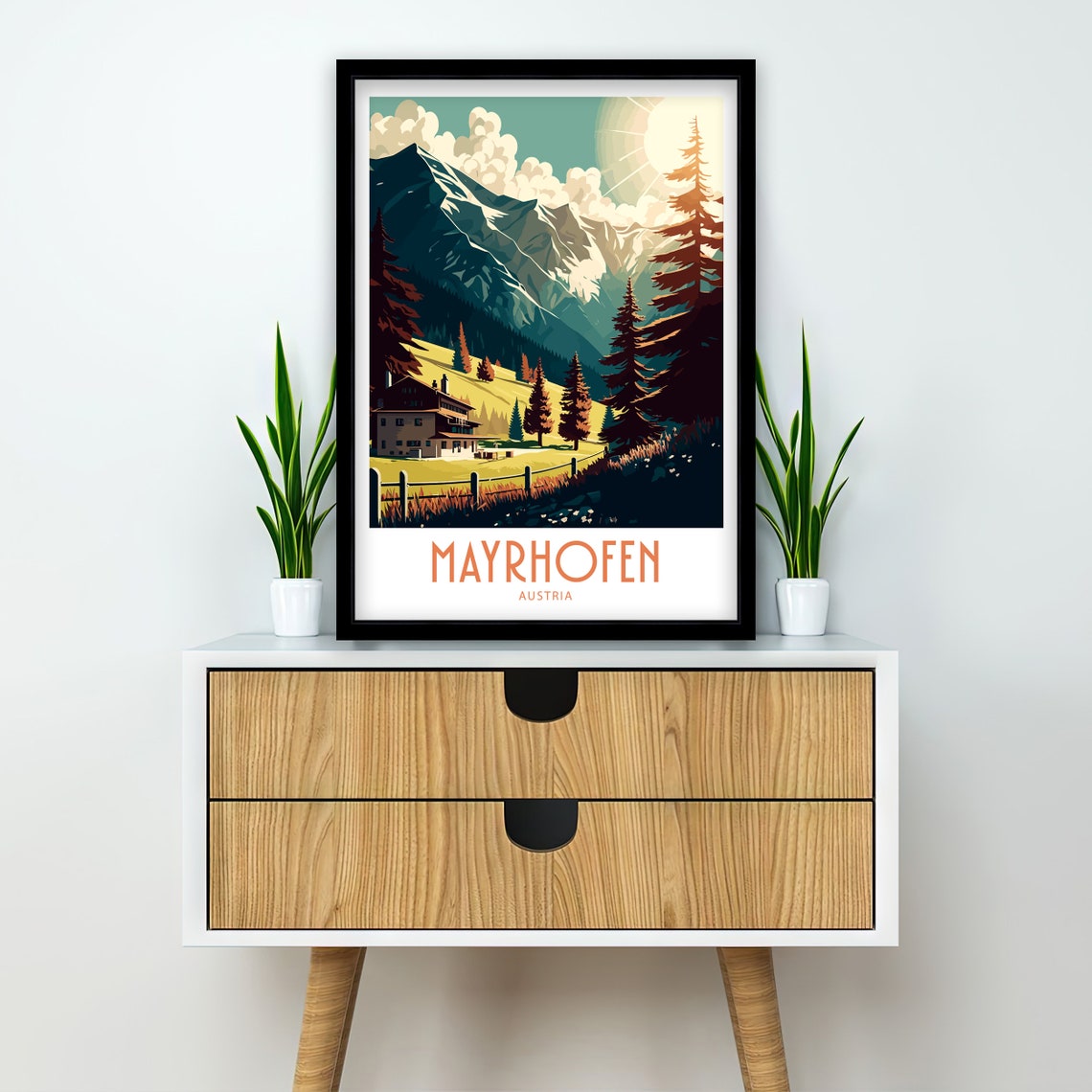 Mayrhofen Austria Alpine Mountain Chalet Pines Vintage Art Poster - Image 2