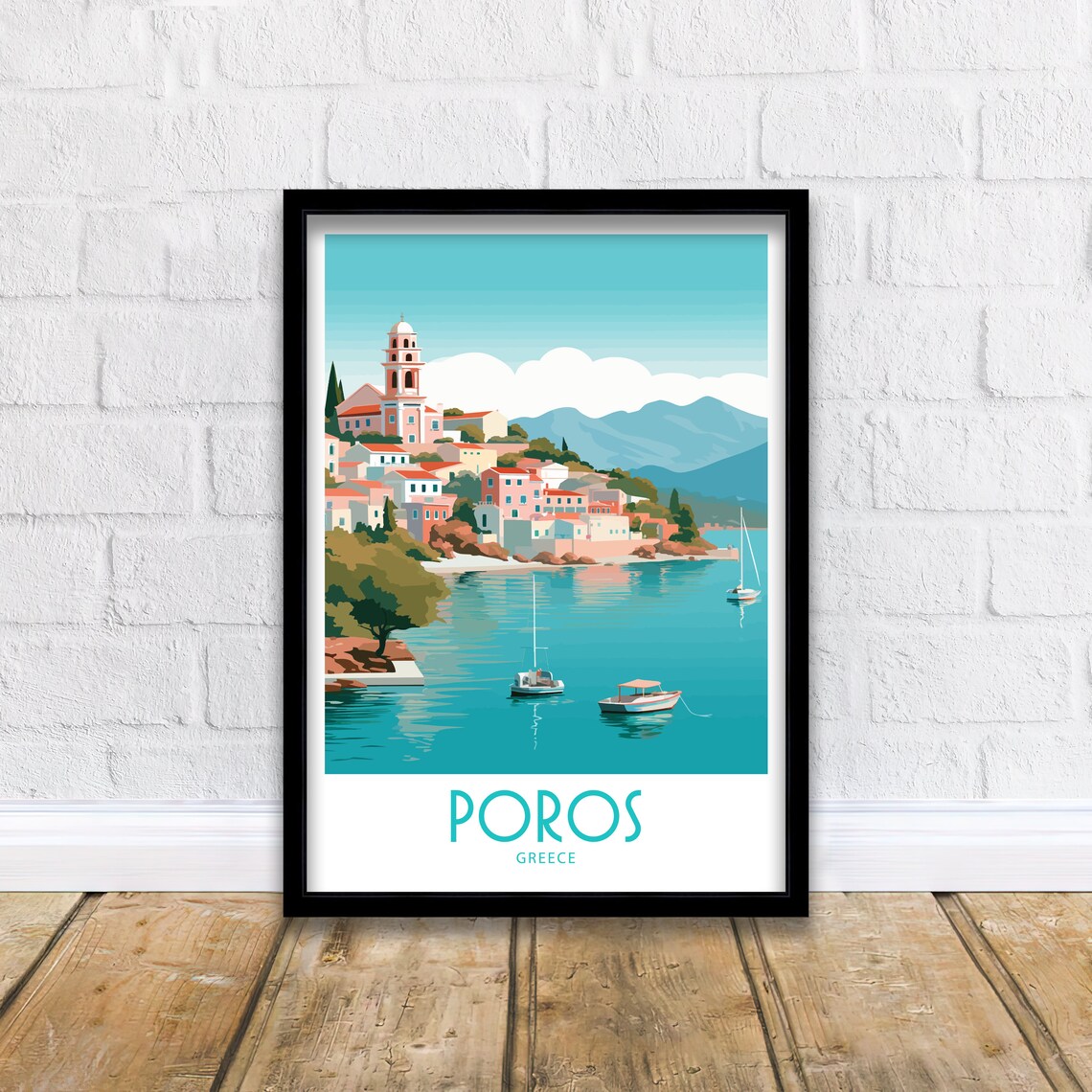 Poros Greece Hillside Town Church Bell Tower Sailboat Bay View Poster