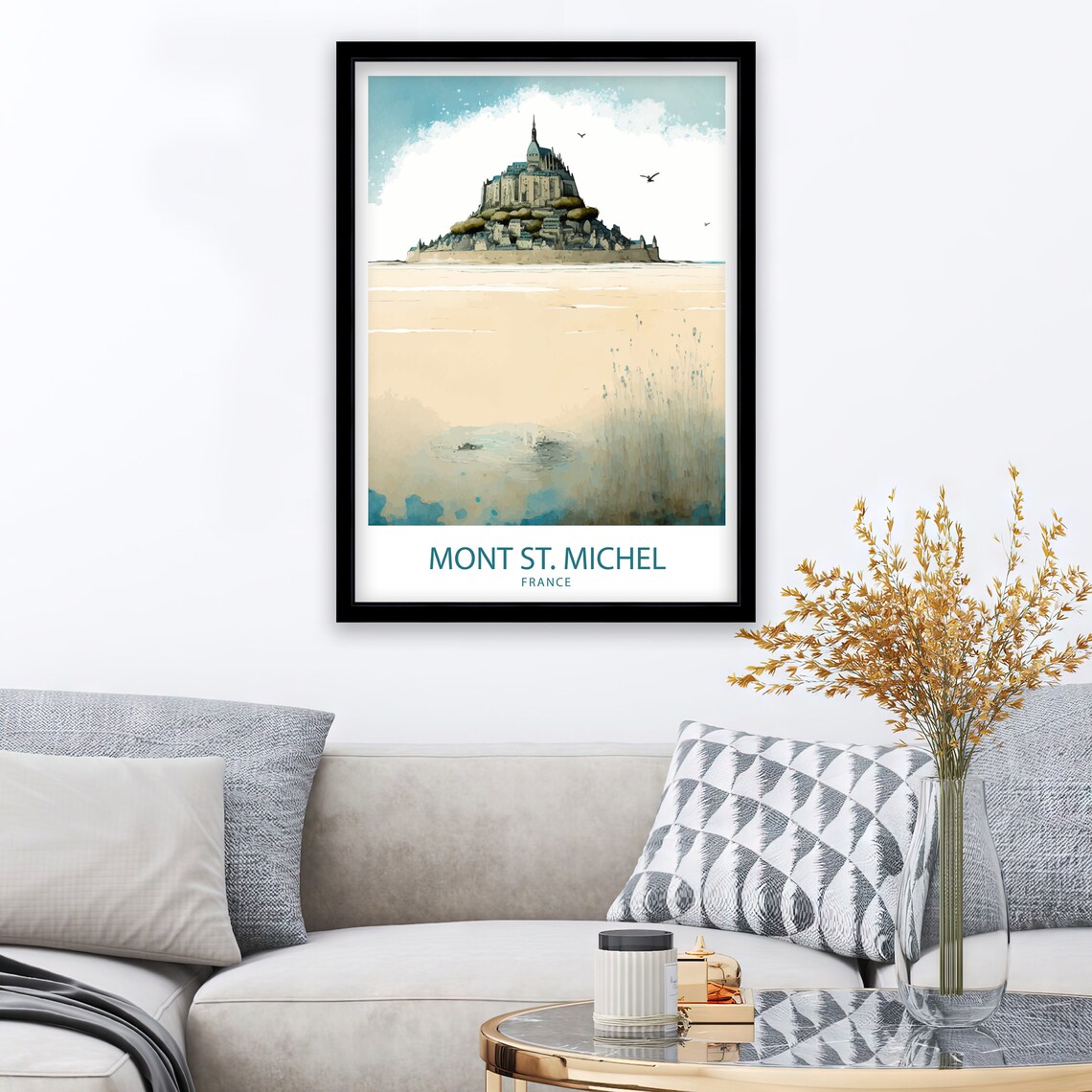 Mont St Michel France Misty Beach Minimalist Watercolor Poster - Image 2