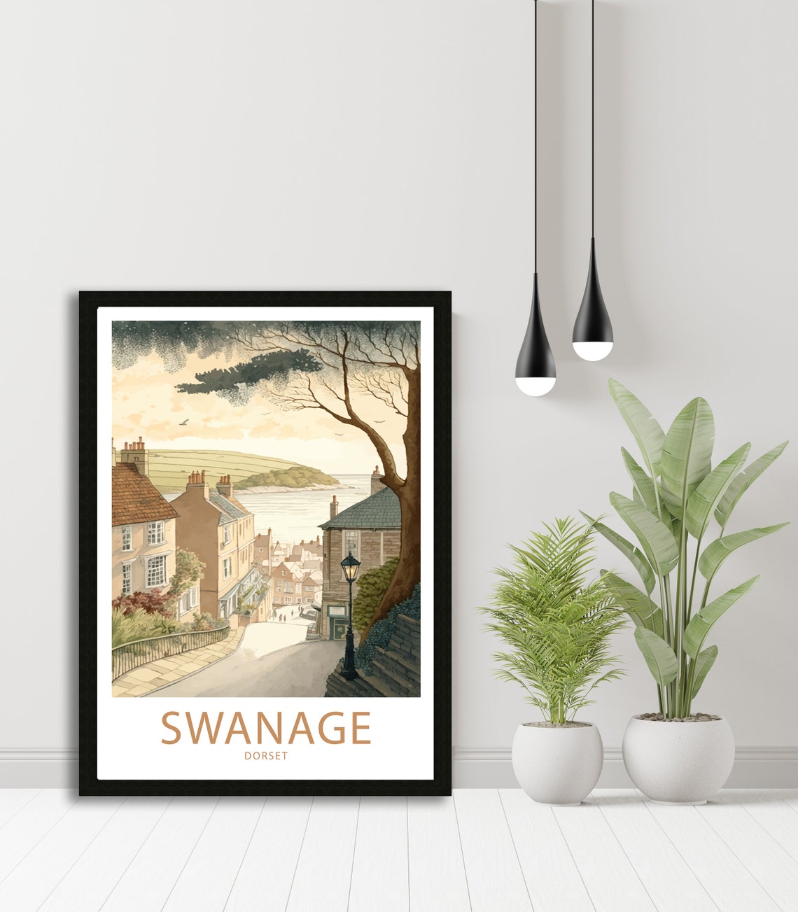 Swanage Dorset Hillside Street Harbor View Watercolor Art Poster - Image 5