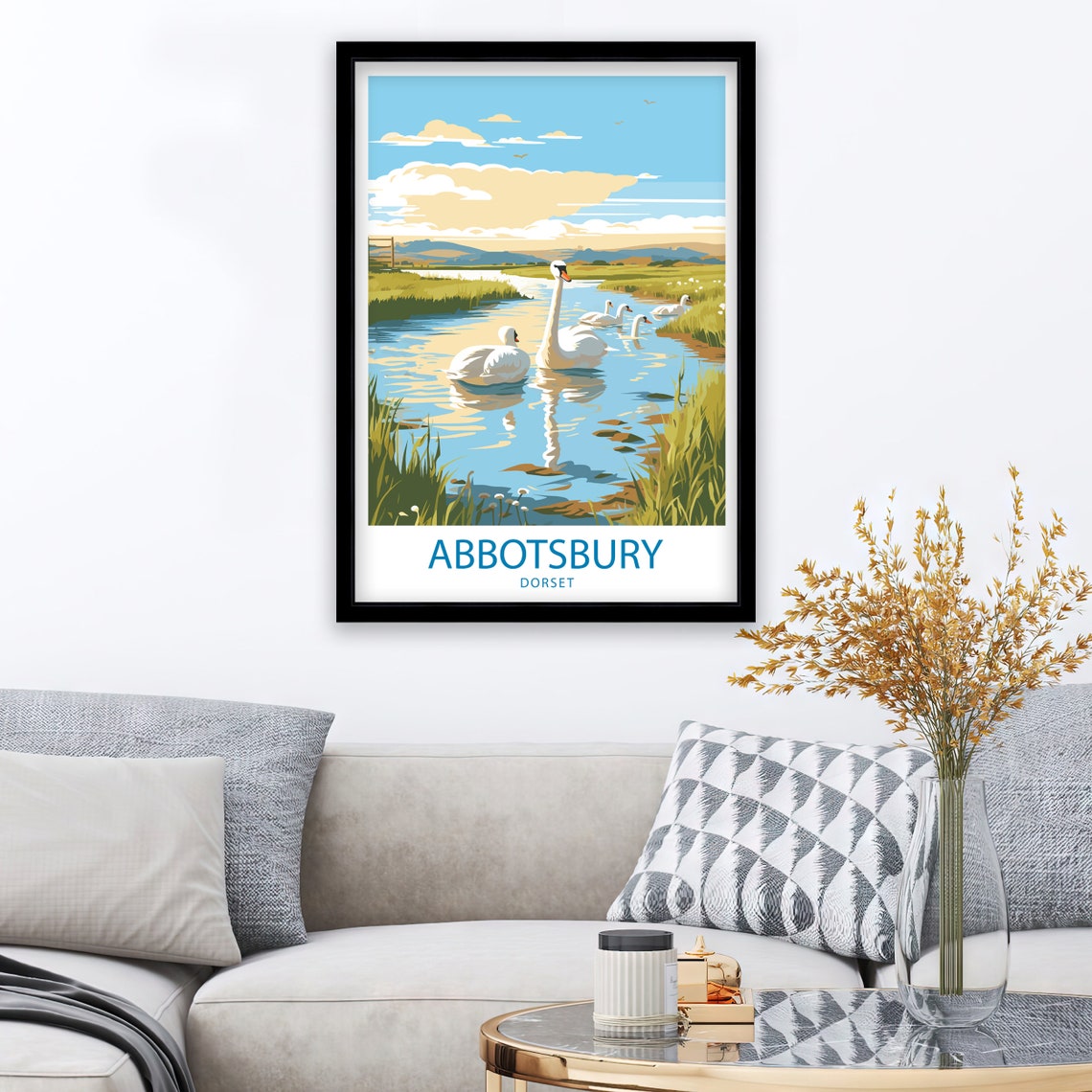 Abbotsbury Dorset Swans River Countryside Illustrated Travel Poster - Image 2
