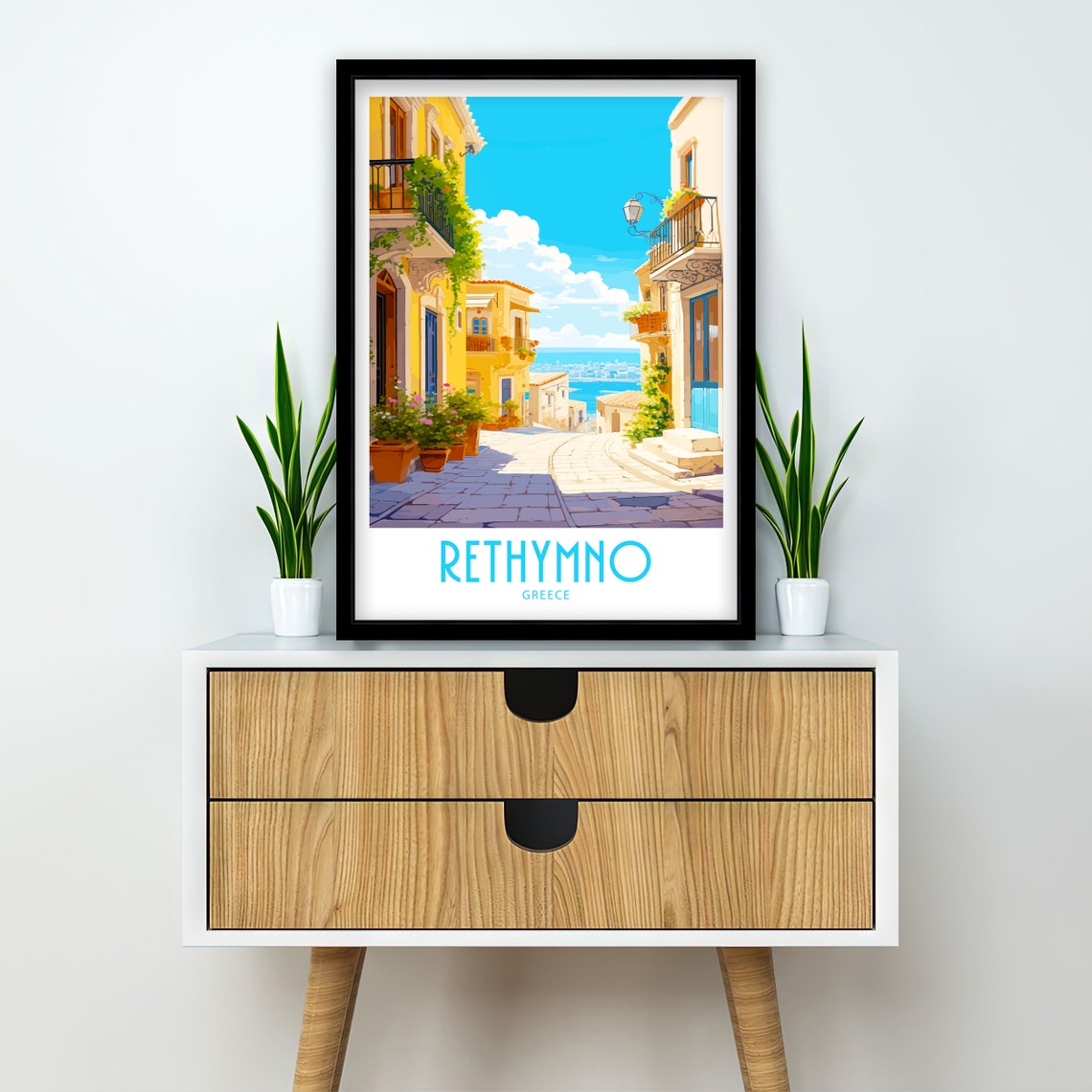 Rethymno Greece Old Town Cobblestone Street Sea View Alleyway Poster - Image 2