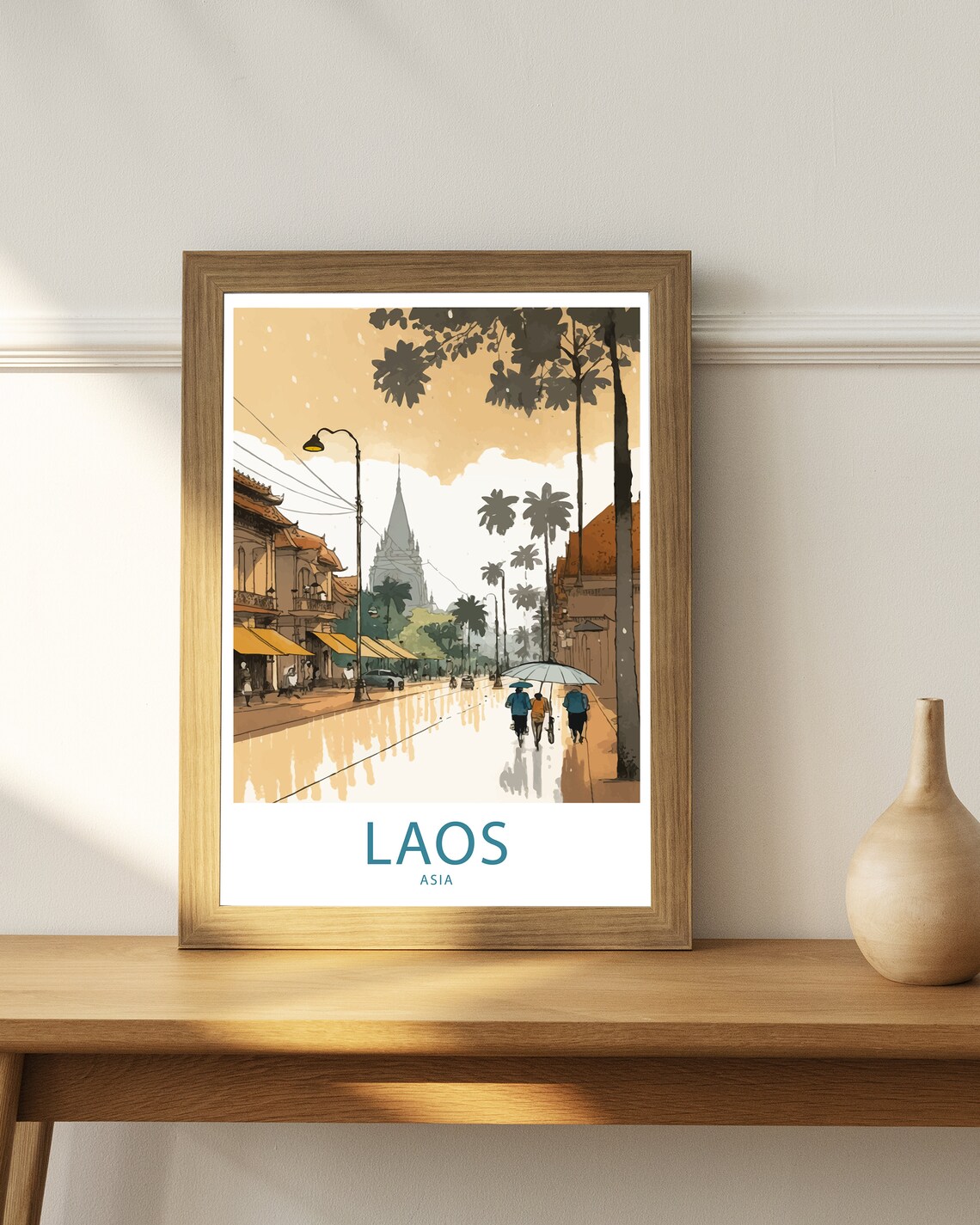 Laos Asia Temple Street Rainy Day Umbrellas Watercolor Art Poster - Image 4