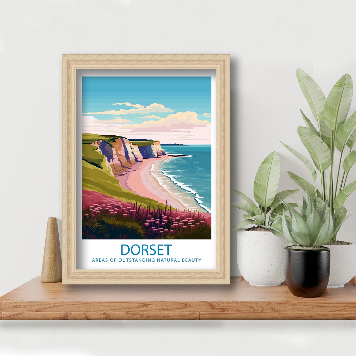 Dorset Chalk Cliffs Sandy Cove Pink Wildflower Coast Scene Poster - Image 5