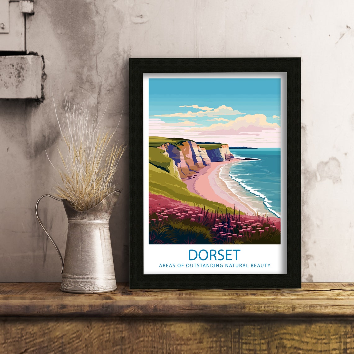 Dorset Chalk Cliffs Sandy Cove Pink Wildflower Coast Scene Poster - Image 6