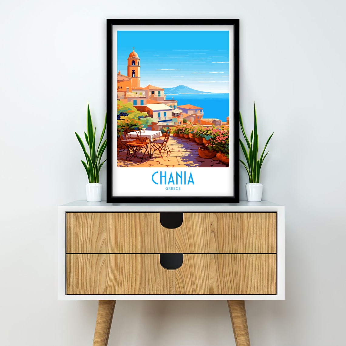 Chania Greece Seafront Terrace Mountain View Church Tower Art Poster - Image 2