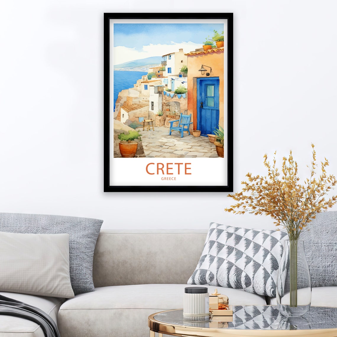Crete Greece Courtyard Blue Doors Sea View Watercolor Poster - Image 3