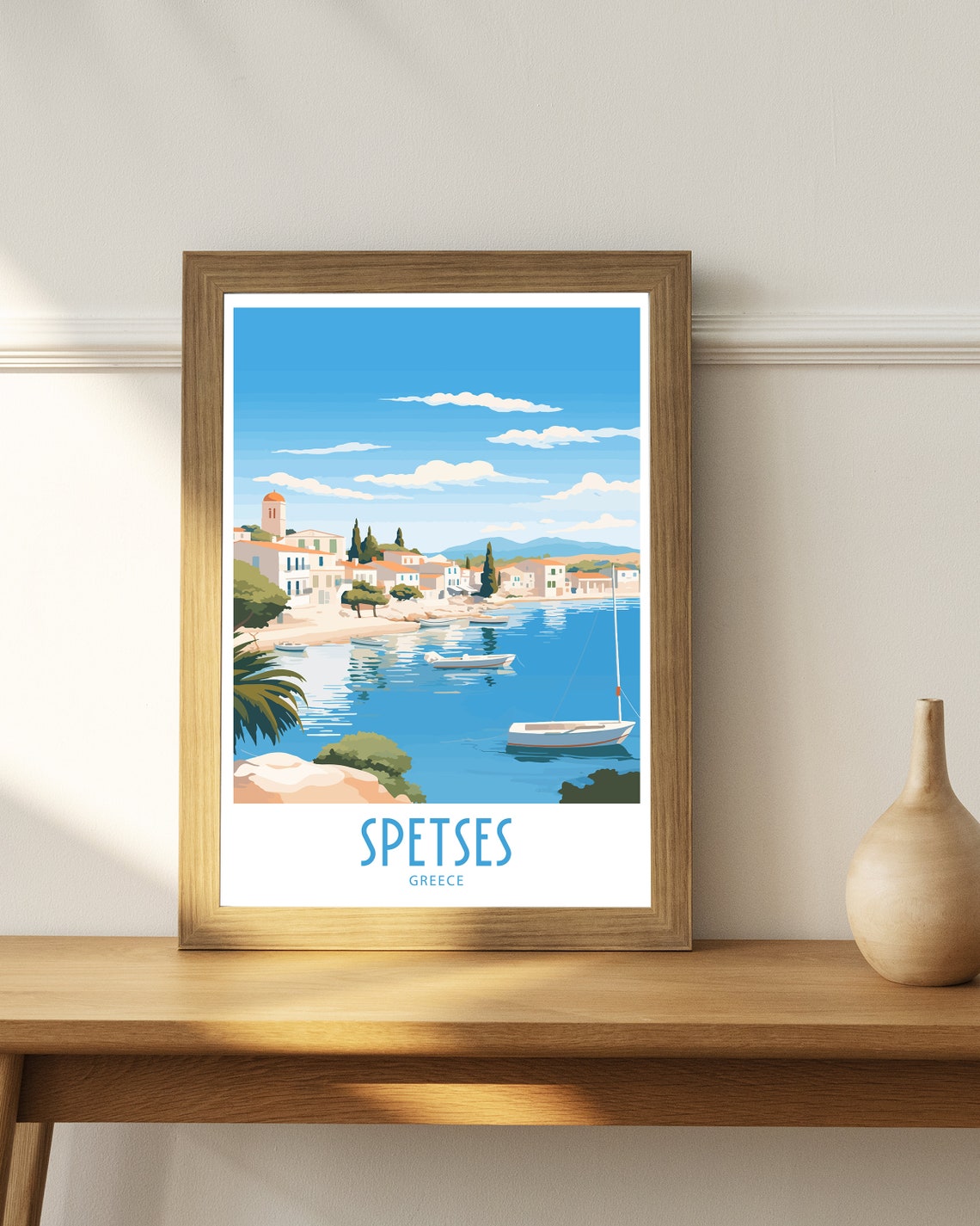 Spetses Greece Harbor Sailboats Bell Tower Retro Travel Poster - Image 4
