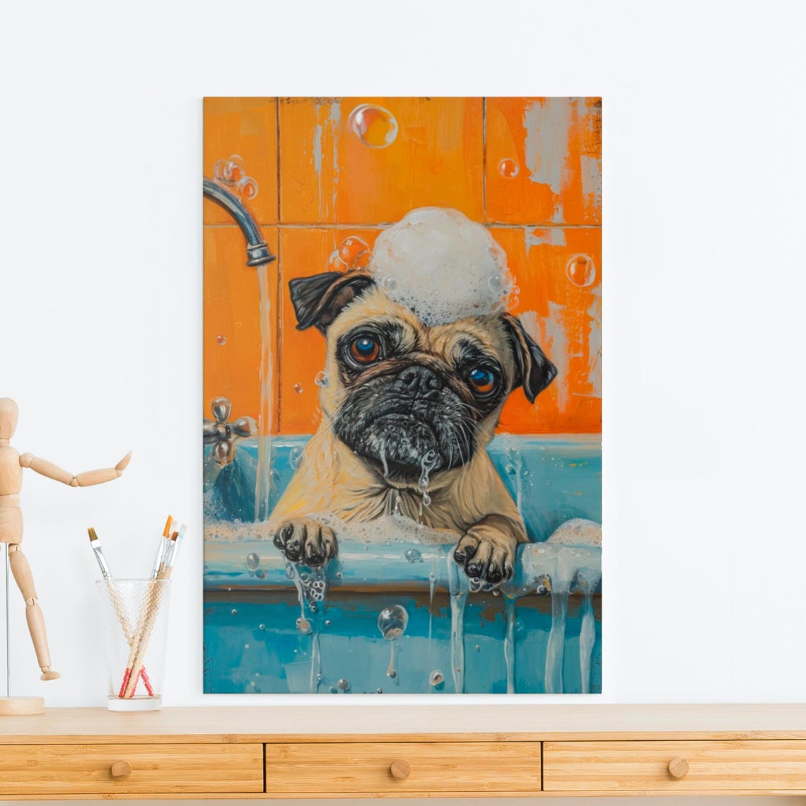 Fawn Pug in a Bubble Bath with a Tower of Foam on Its Head Poster