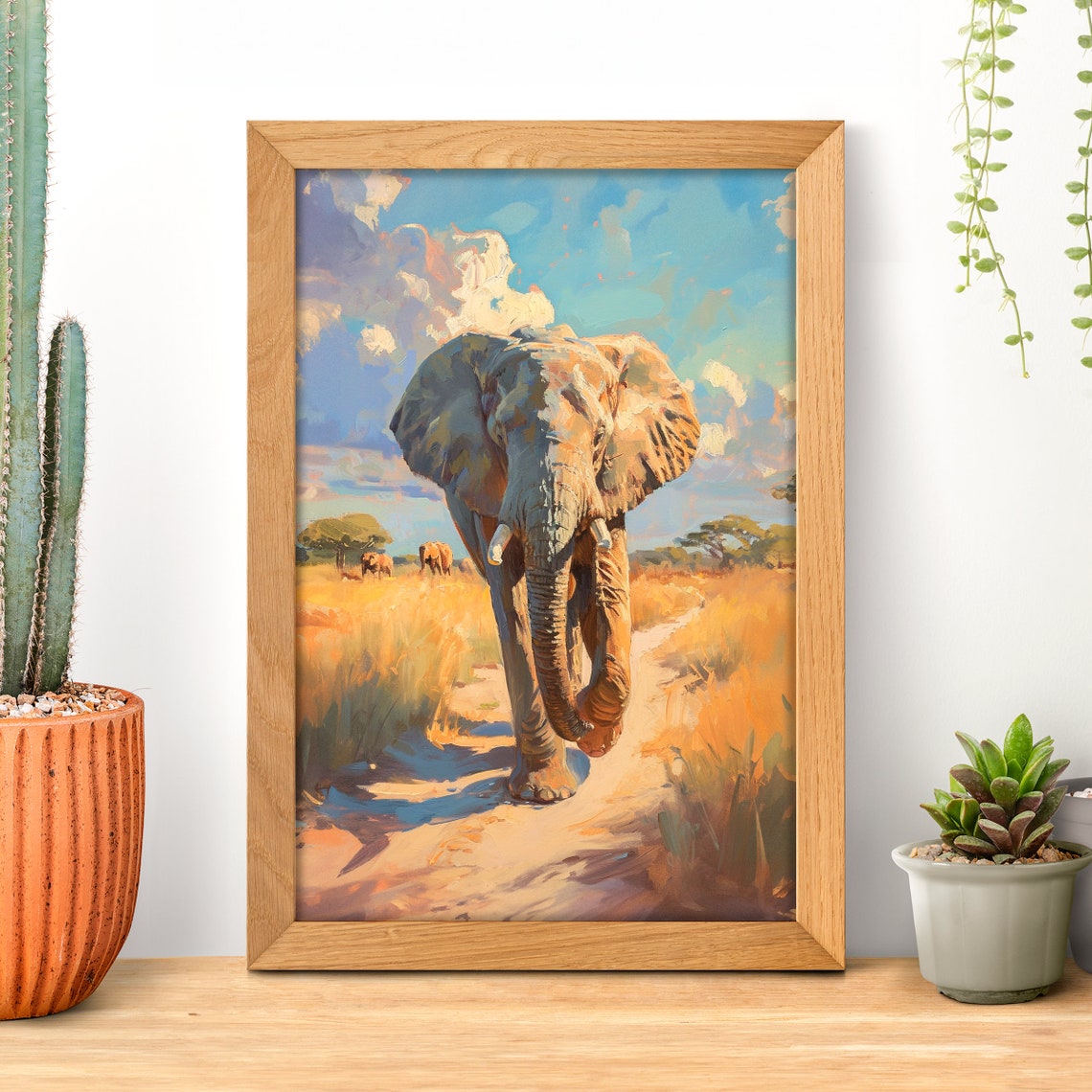 African Elephant Walking Toward You on a Savannah Oil Painting Poster
