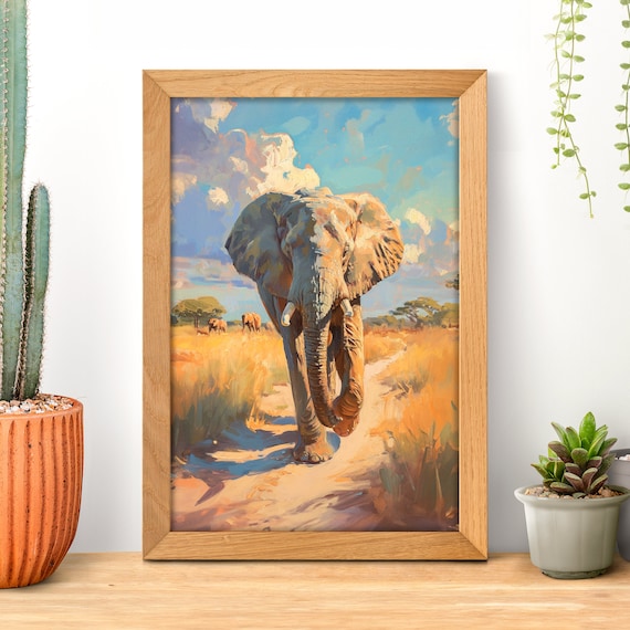 African Elephant Walking Toward You on a Savannah Oil Painting Poster