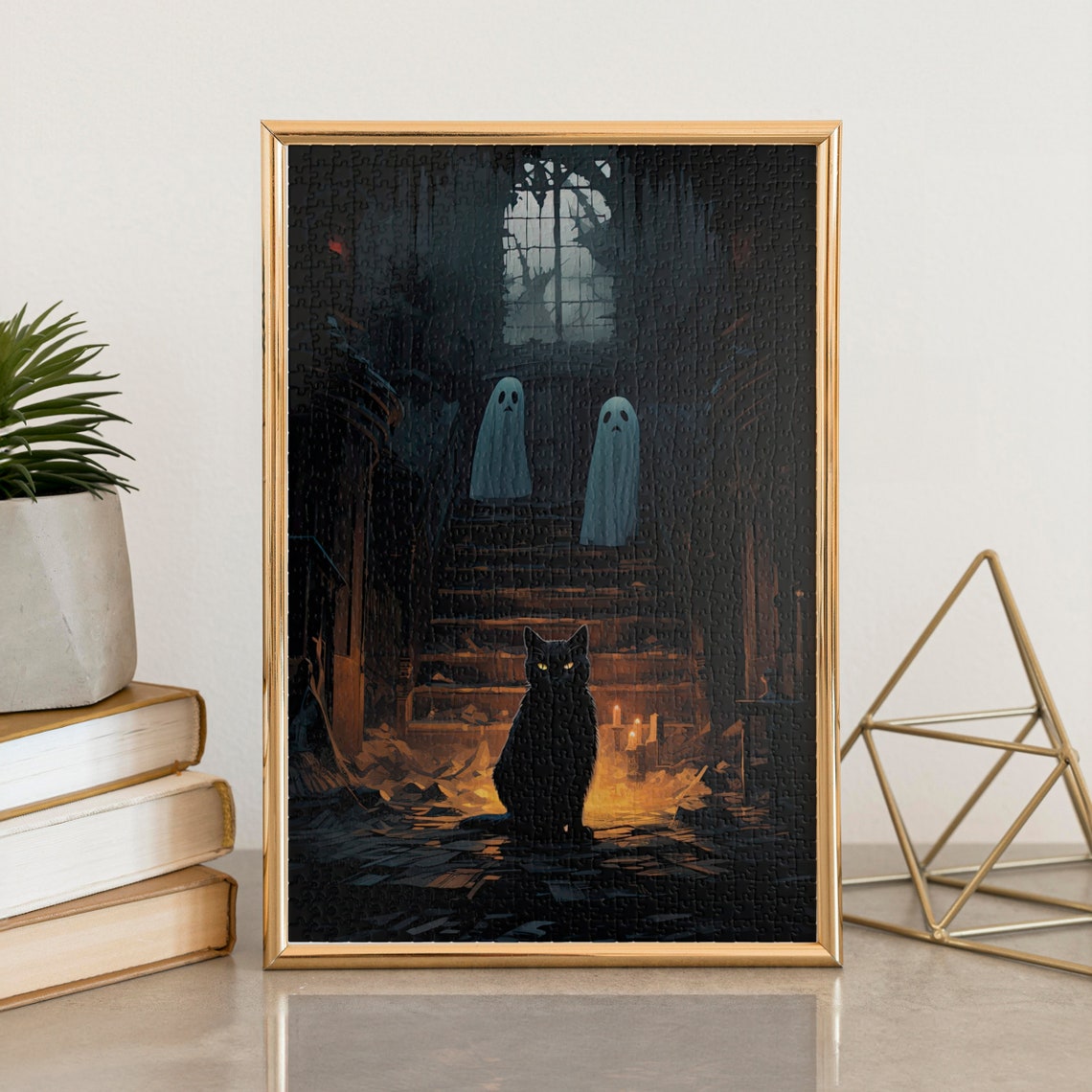 Black Cat and Two Ghosts on a Candlelit Haunted Staircase Poster