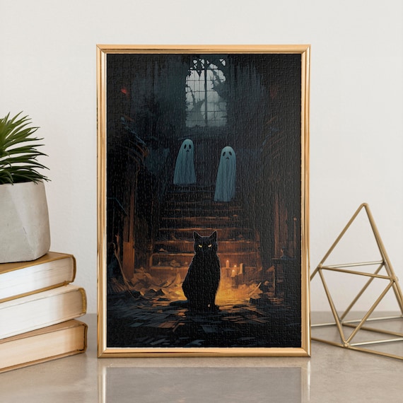 Black Cat and Two Ghosts on a Candlelit Haunted Staircase Poster