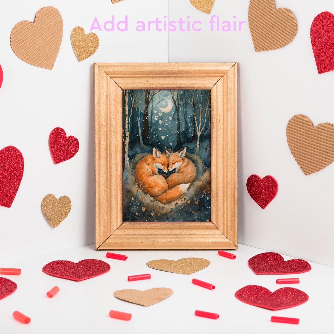 Two Foxes Cuddling Nose to Nose in a Moonlit Birch Forest Poster - Image 2