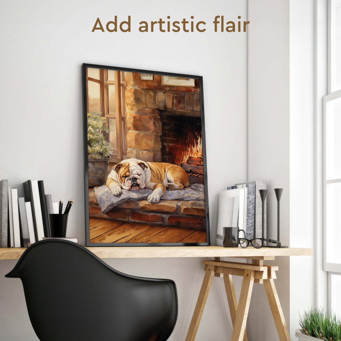 Sleepy Bulldog by Stone Fireplace Cozy Cabin Dog Portrait Art Poster - Image 2