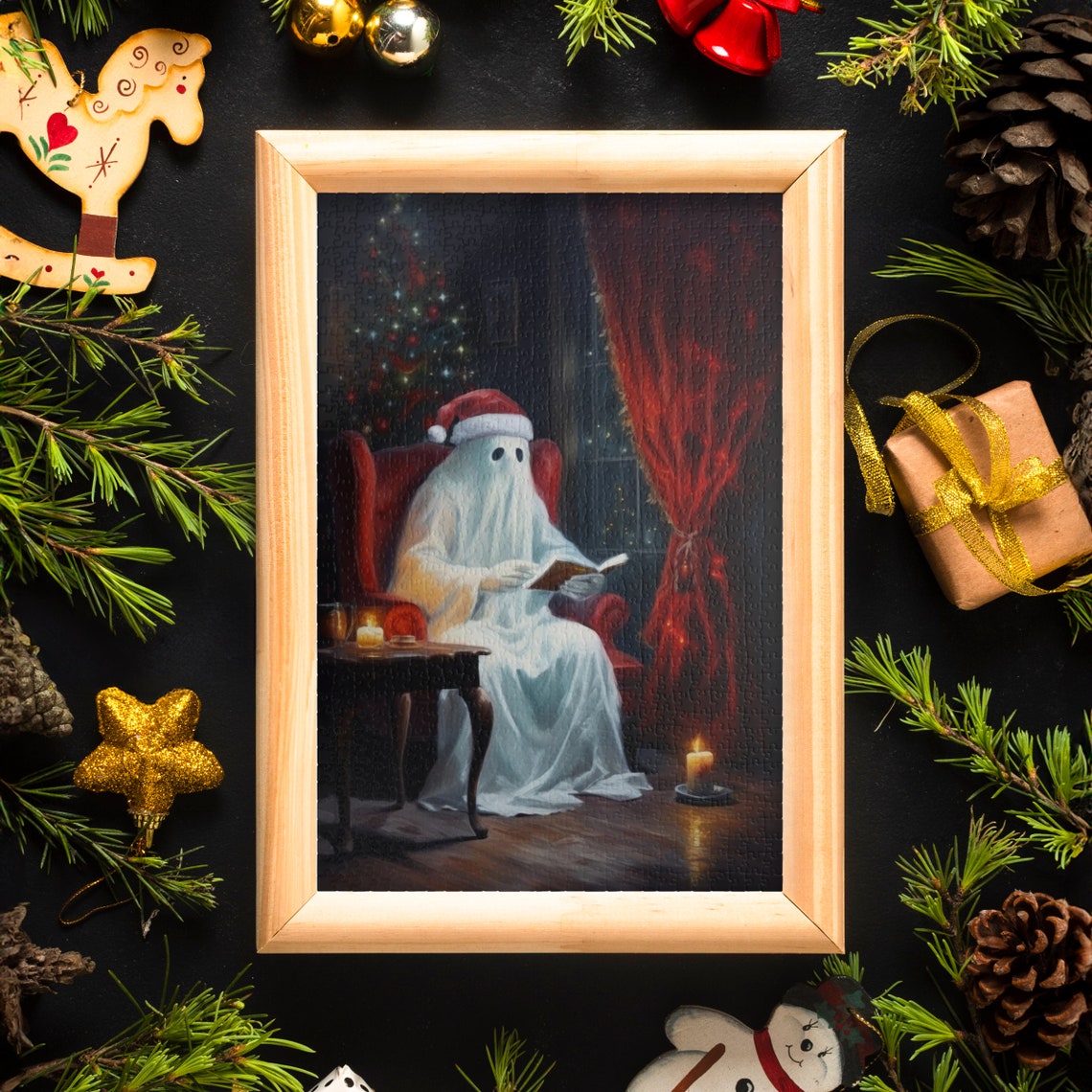 Christmas Ghost Santa Hat Reading by Tree Jigsaw Puzzle Holiday Poster