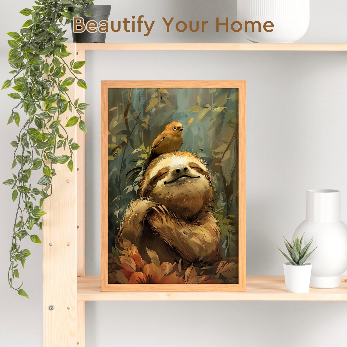 Joyful Sloth and Bird, Wildlife Nursery Art Print - Image 3