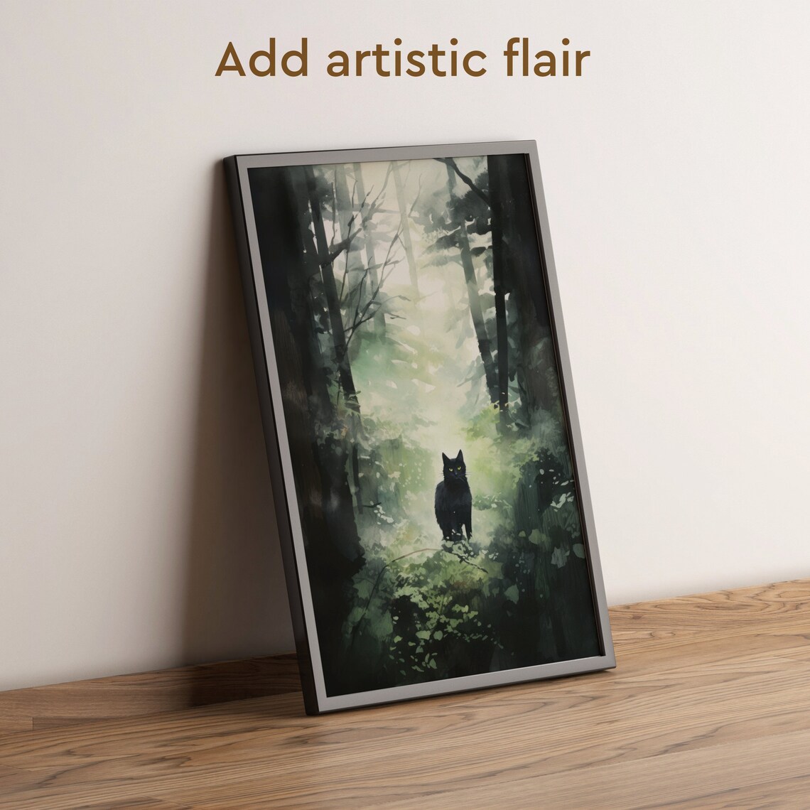 Foggy Forest Black Cat Watercolor Poster, Nature Art - Image 2
