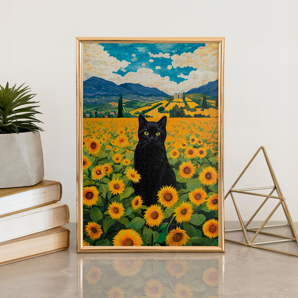 Sunflower Field Cat Art Print, Animal Decor