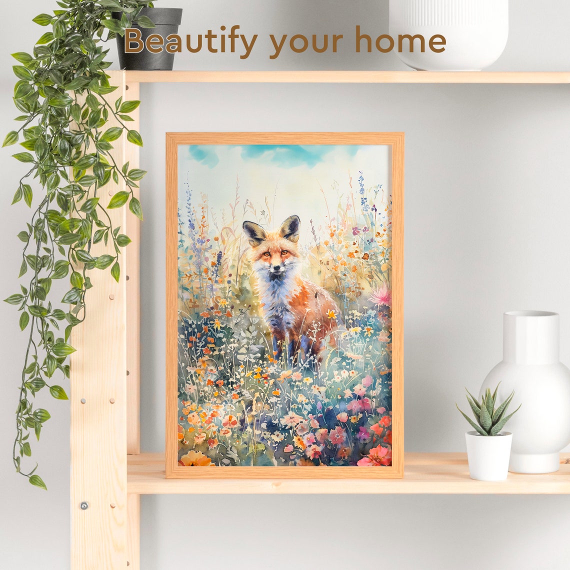 Red Fox Among Wildflowers in a Sunlit Meadow Watercolor Poster - Image 3