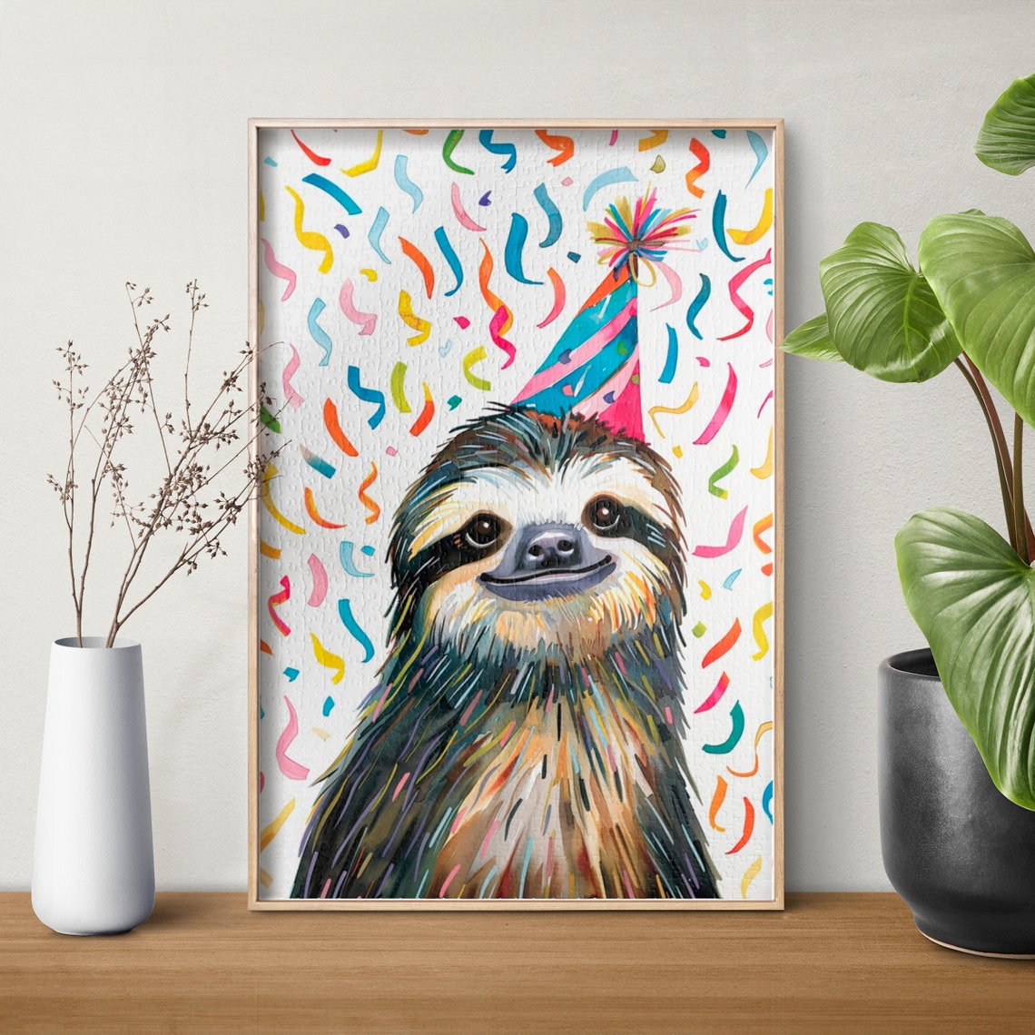 Smiling Sloth Wearing Party Hat with Colorful Confetti Birthday Poster