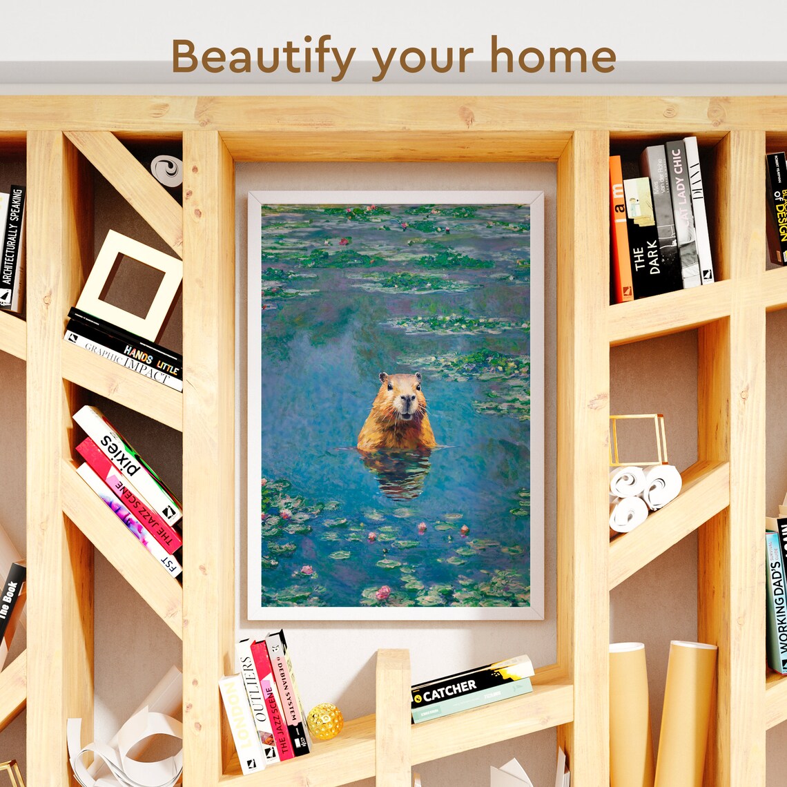 Capybara Swimming in a Monet Style Water Lily Pond Painting Poster - Image 3