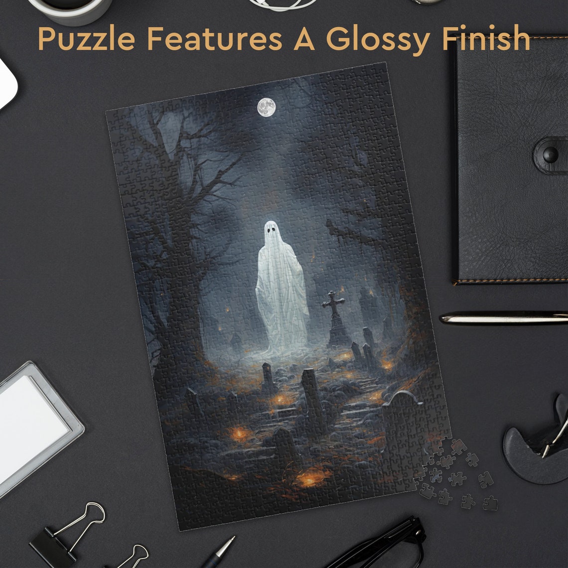 Ghost in Moonlit Graveyard Crosses Vintage Horror Jigsaw Puzzle Poster - Image 3