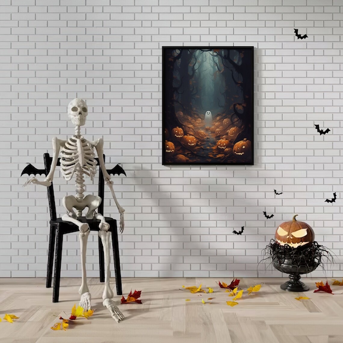 Halloween Misty Forest Ghost Jack O Lantern Pumpkin Path Vintage Poster - Image 2