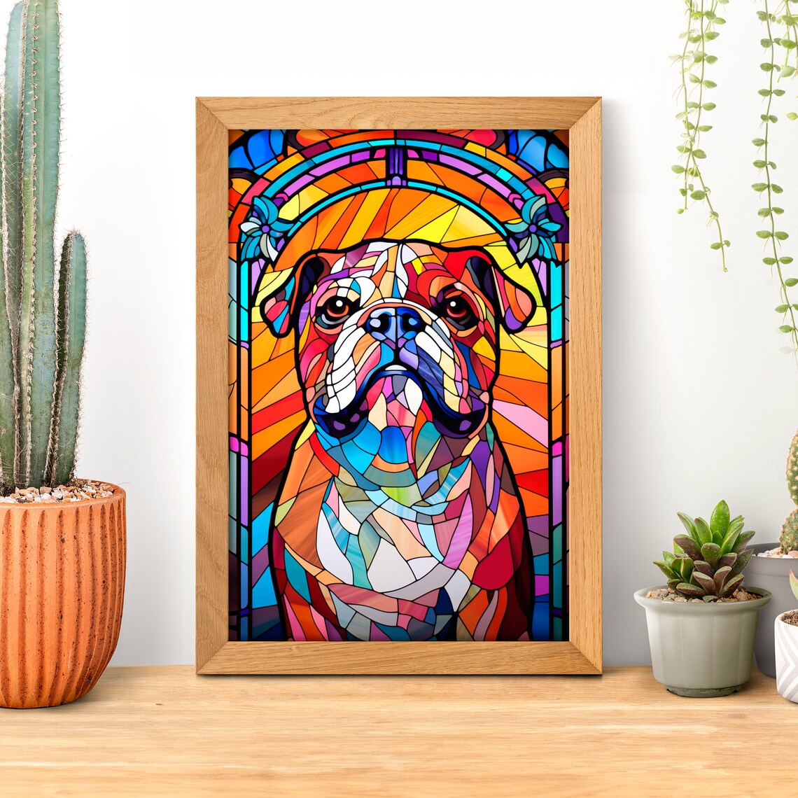 Stained Glass Bulldog Portrait Colorful Gothic Window Dog Art Poster