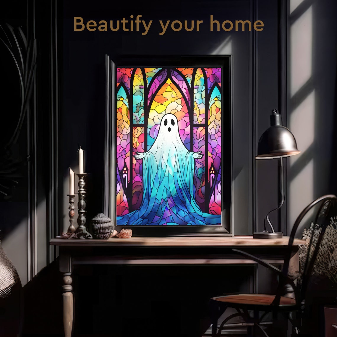 Haunting Ghost Silhouette in a Stained Glass Cathedral Window Poster - Image 3