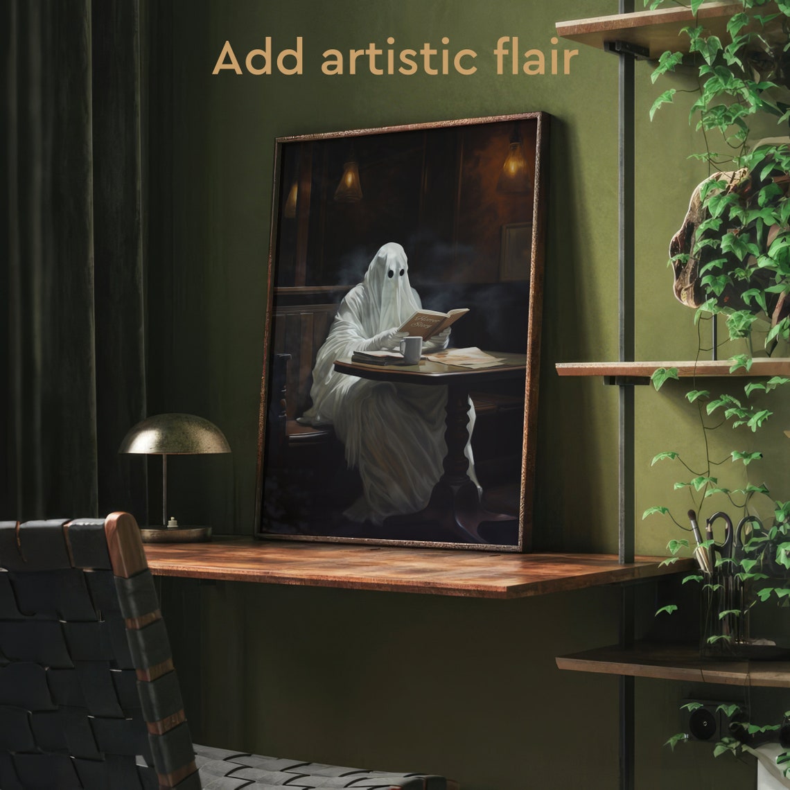 Ghost Reading a Book with Coffee at a Cozy Cafe Table Poster - Image 2