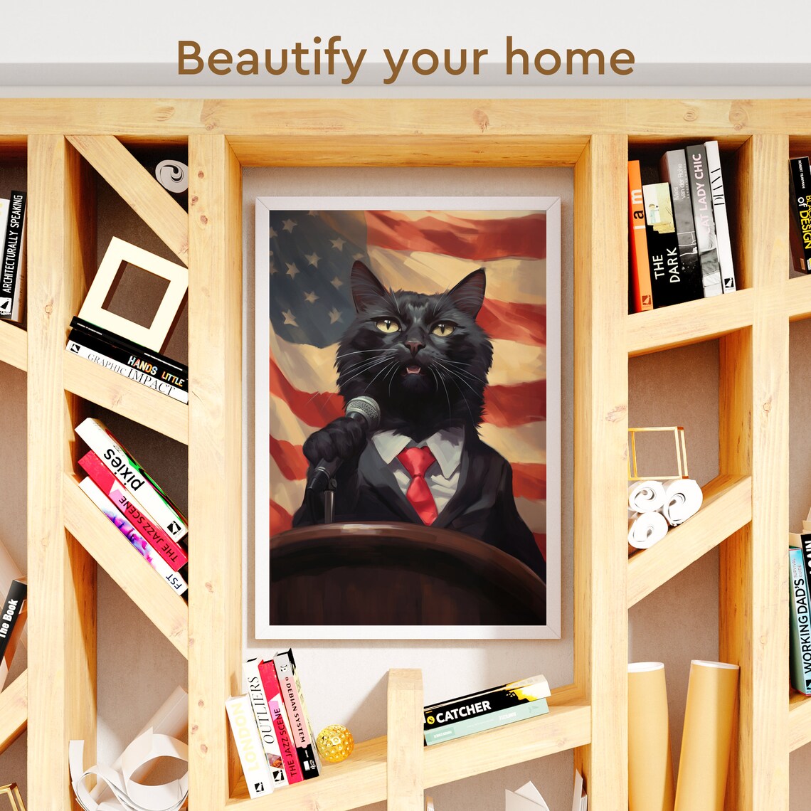 Funny Black Cat President Suit American Flag Funny Cat Portrait Poster - Image 3