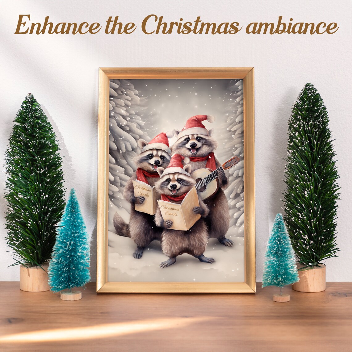 Christmas Raccoon Carolers Vintage Art Print - Image 3