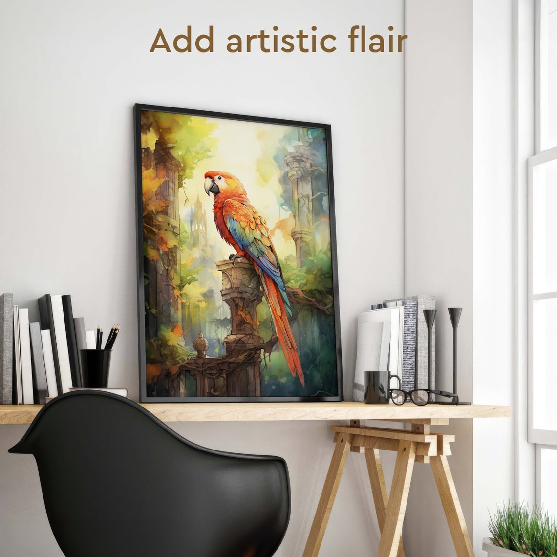 Scarlet Macaw Parrot Ancient Ruins Mystical Forest Watercolor Poster - Image 2