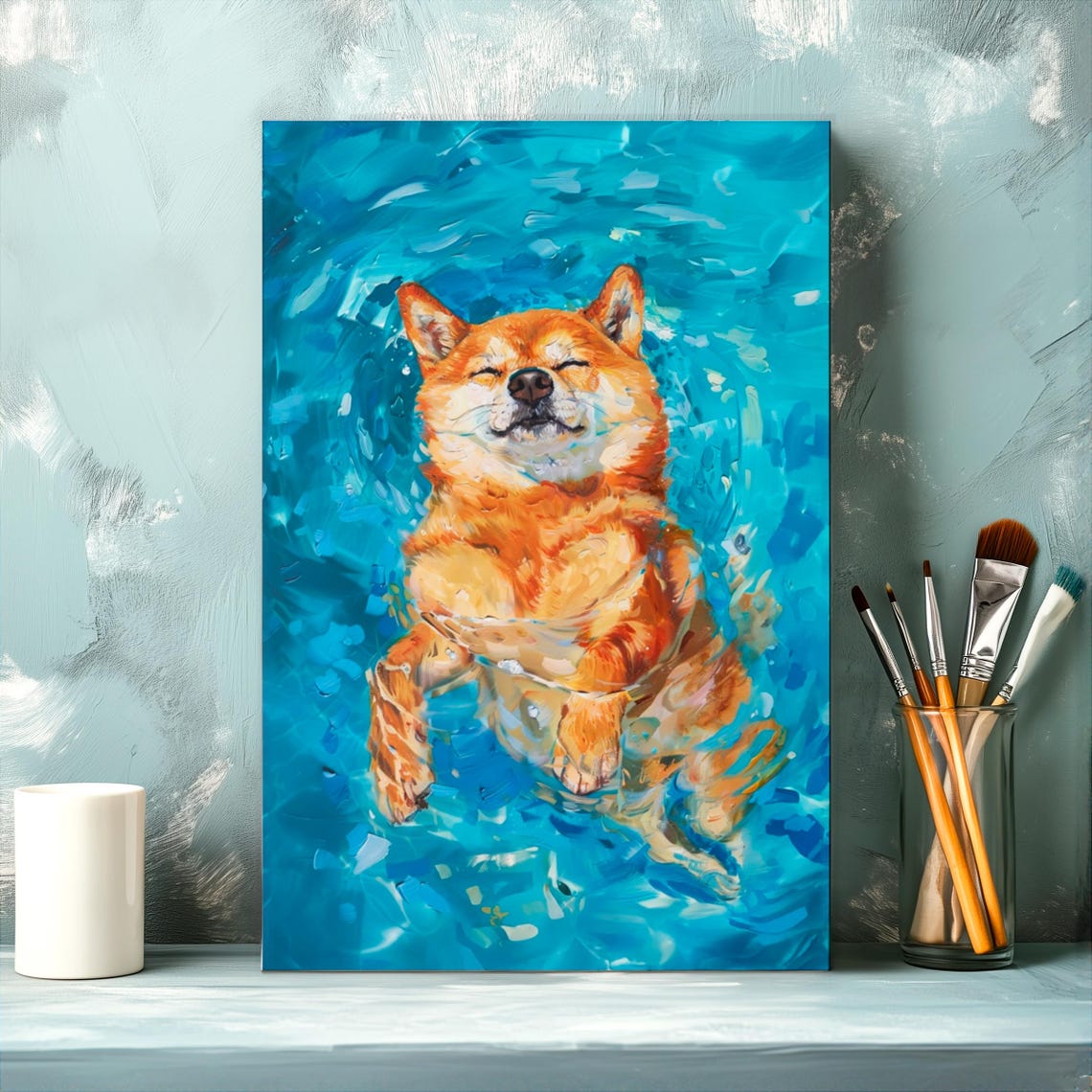 Peaceful Shiba Inu Floating On Its Back In A Turquoise Pool Poster
