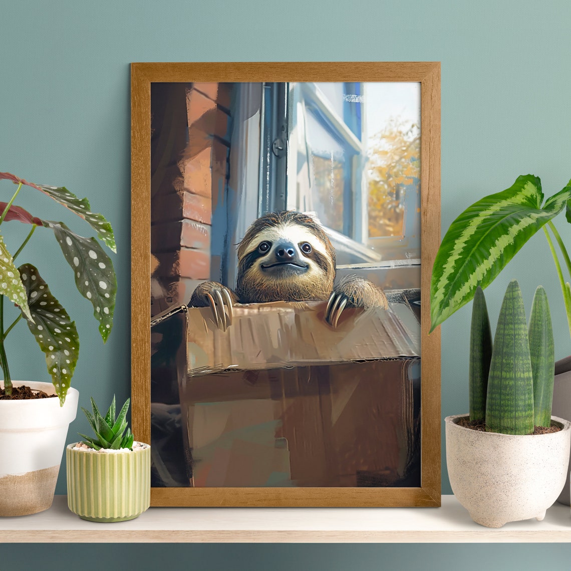 Smiling Sloth Peeking Out of a Cardboard Box Window Scene Poster