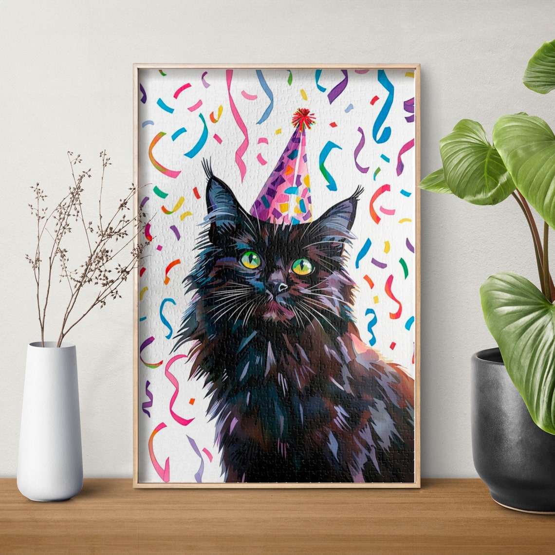 Black Cat Wearing Birthday Party Hat with Colorful Confetti Poster