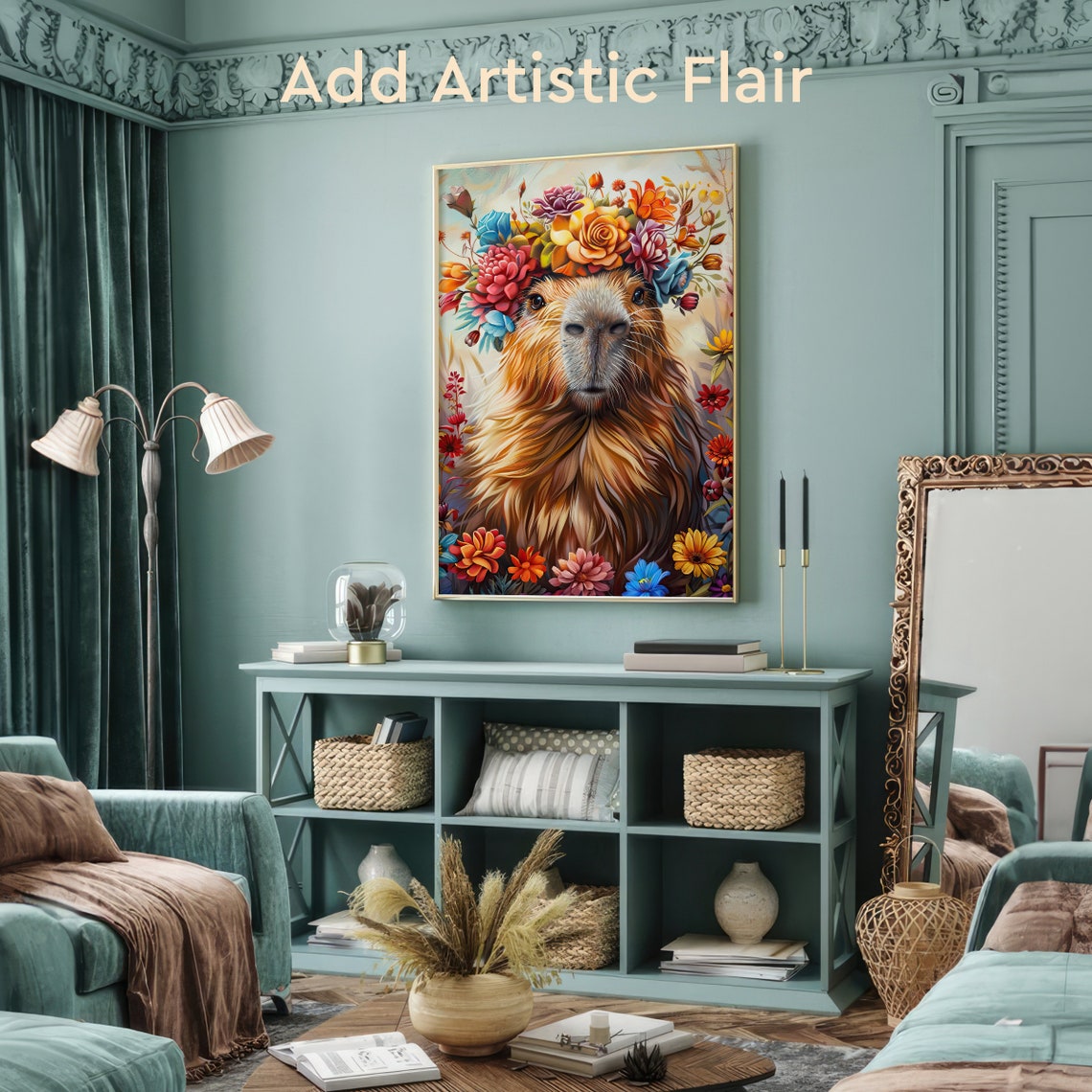 Capybara Wearing a Colorful Floral Crown Portrait Painting Poster - Image 2